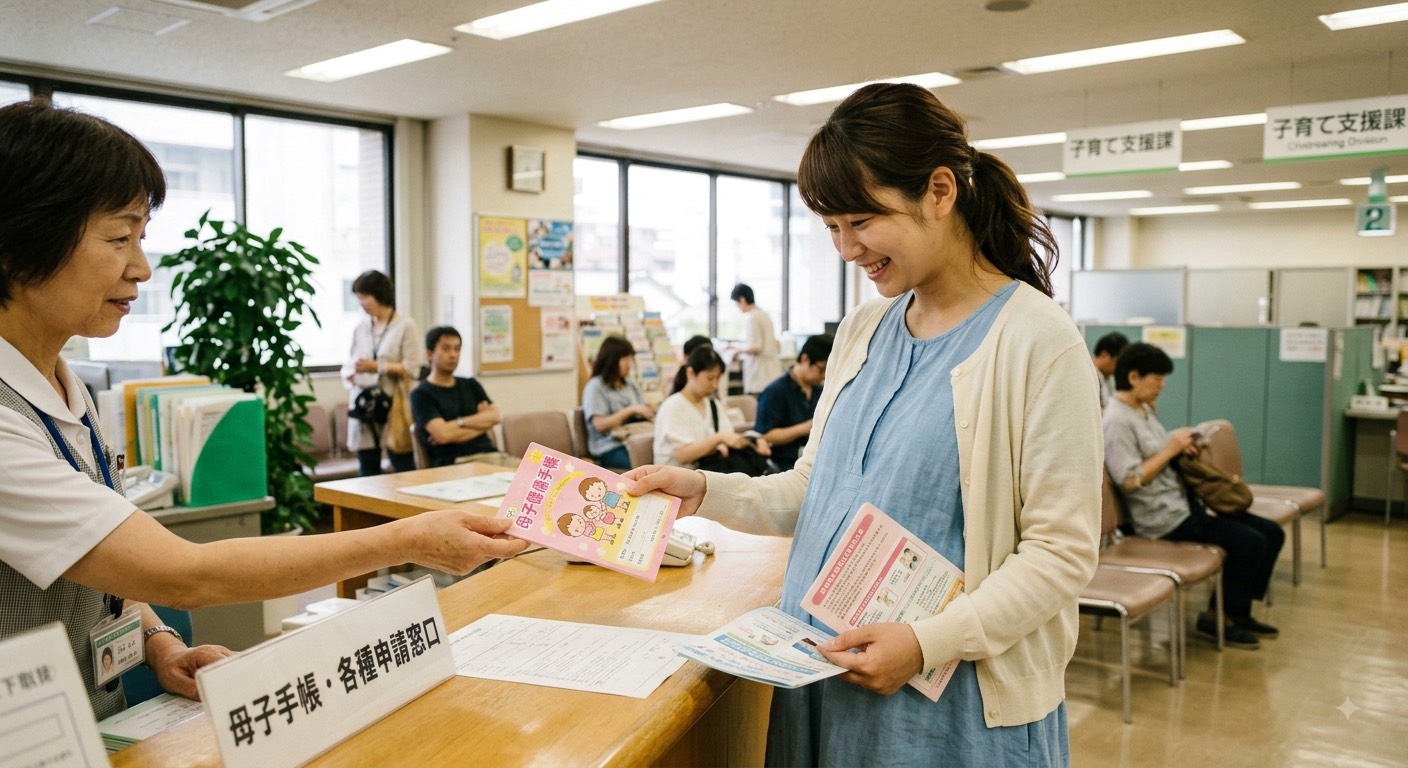 自治体窓口で母子手帳を受け取る妊娠初期の女性のイメージ画像(本人ではなくイメージ)
