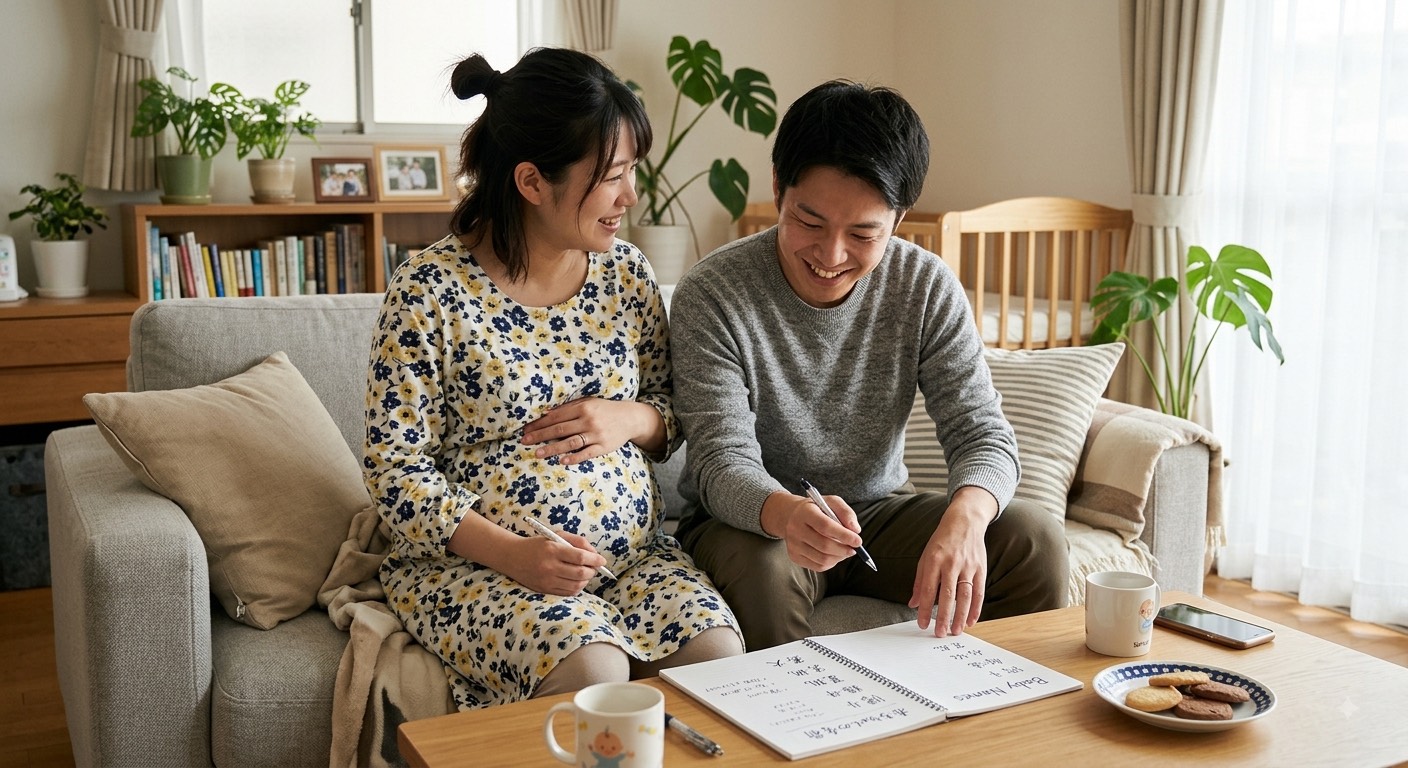名前候補をノートに書き出す妊娠中期の女性のイメージ画像(本人ではなくイメージ)
