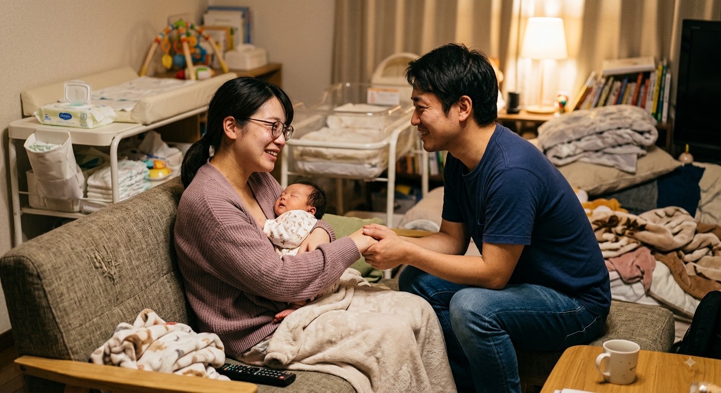 産後、パパから優しく声をかけられるママのイメージ画像(本人ではなくイメージ)